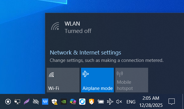 Windows Settings showing Airplane Mode toggle switch