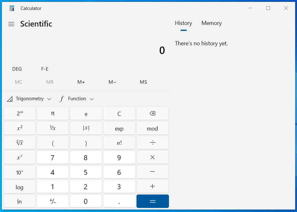 Windows Calculator in Scientific mode with keypad, trigonometry and function menus, and History panel