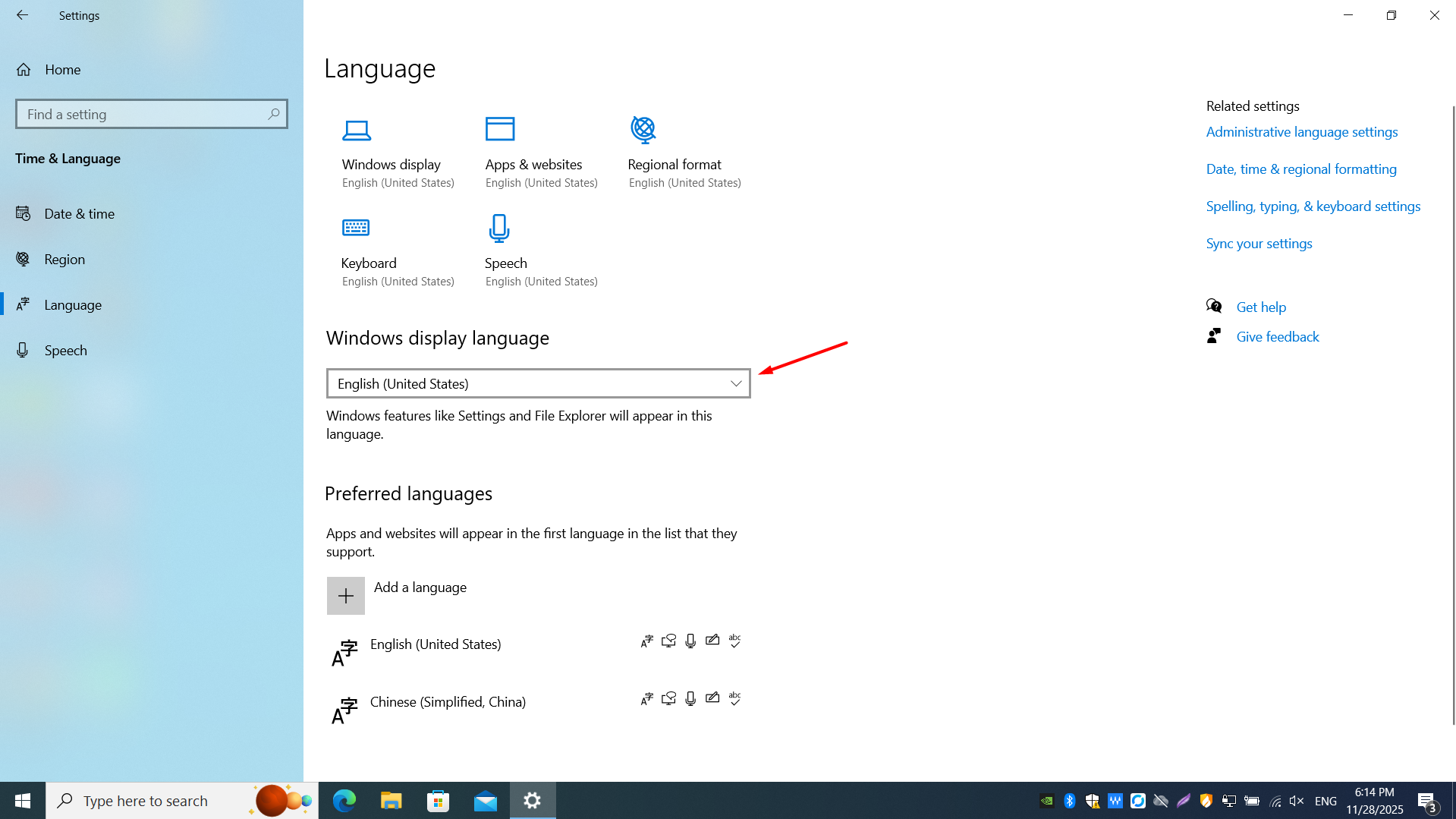 Step showing the change display language dropdown