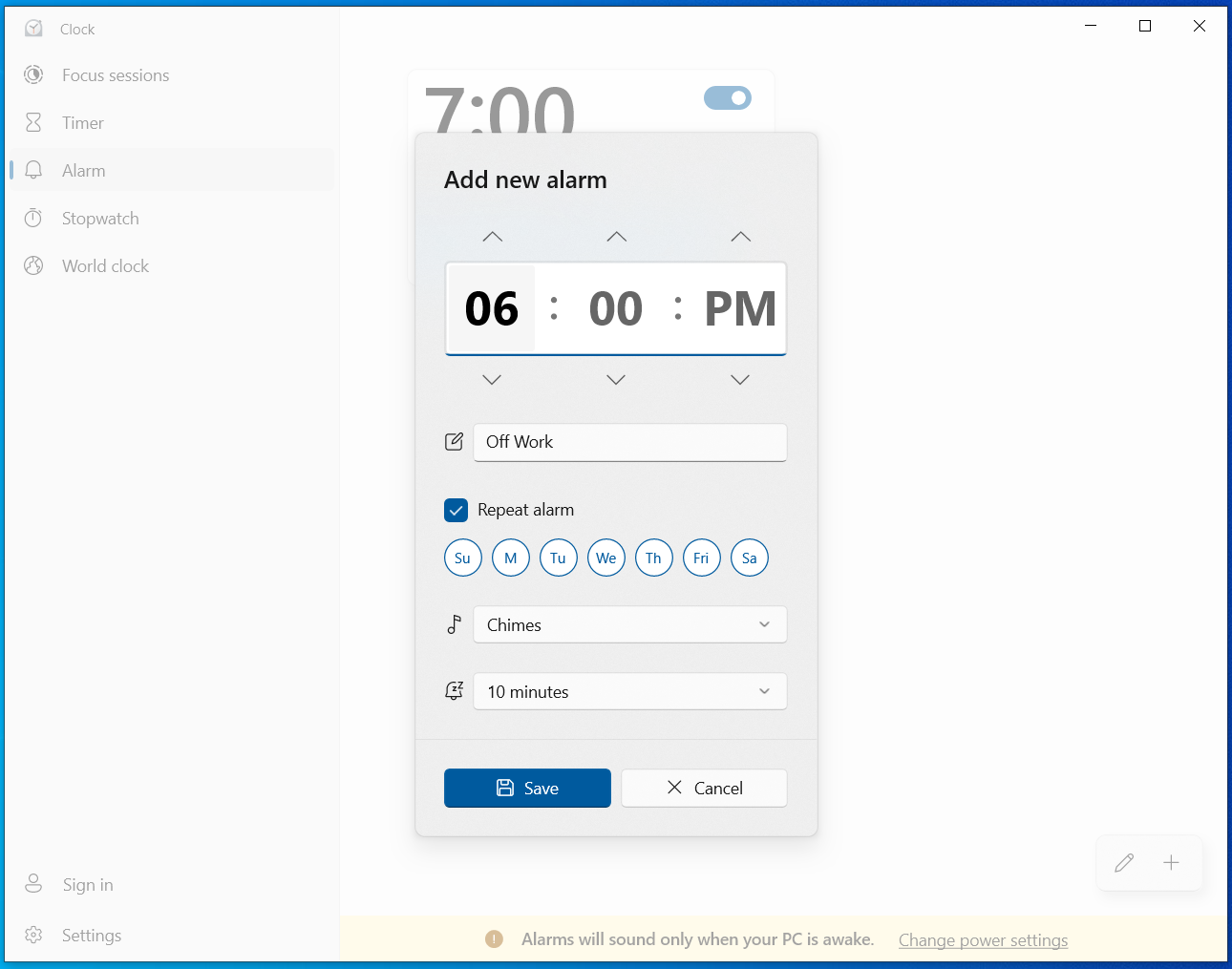 Windows Clock app Alarm tab with Add new alarm dialog: time, name, repeat days, sound, and snooze