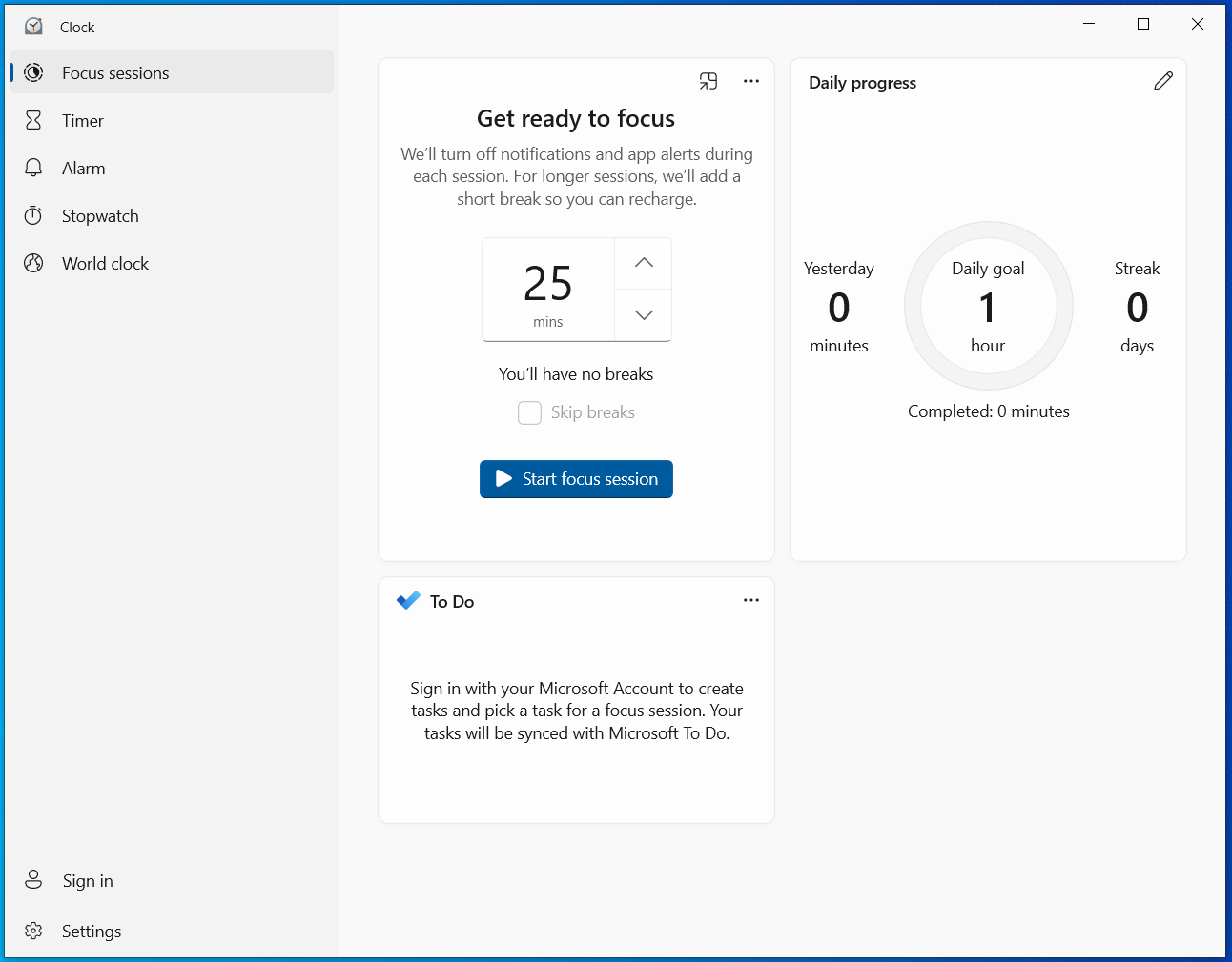 Windows Clock app Focus sessions dashboard with session length, daily goal, and To Do