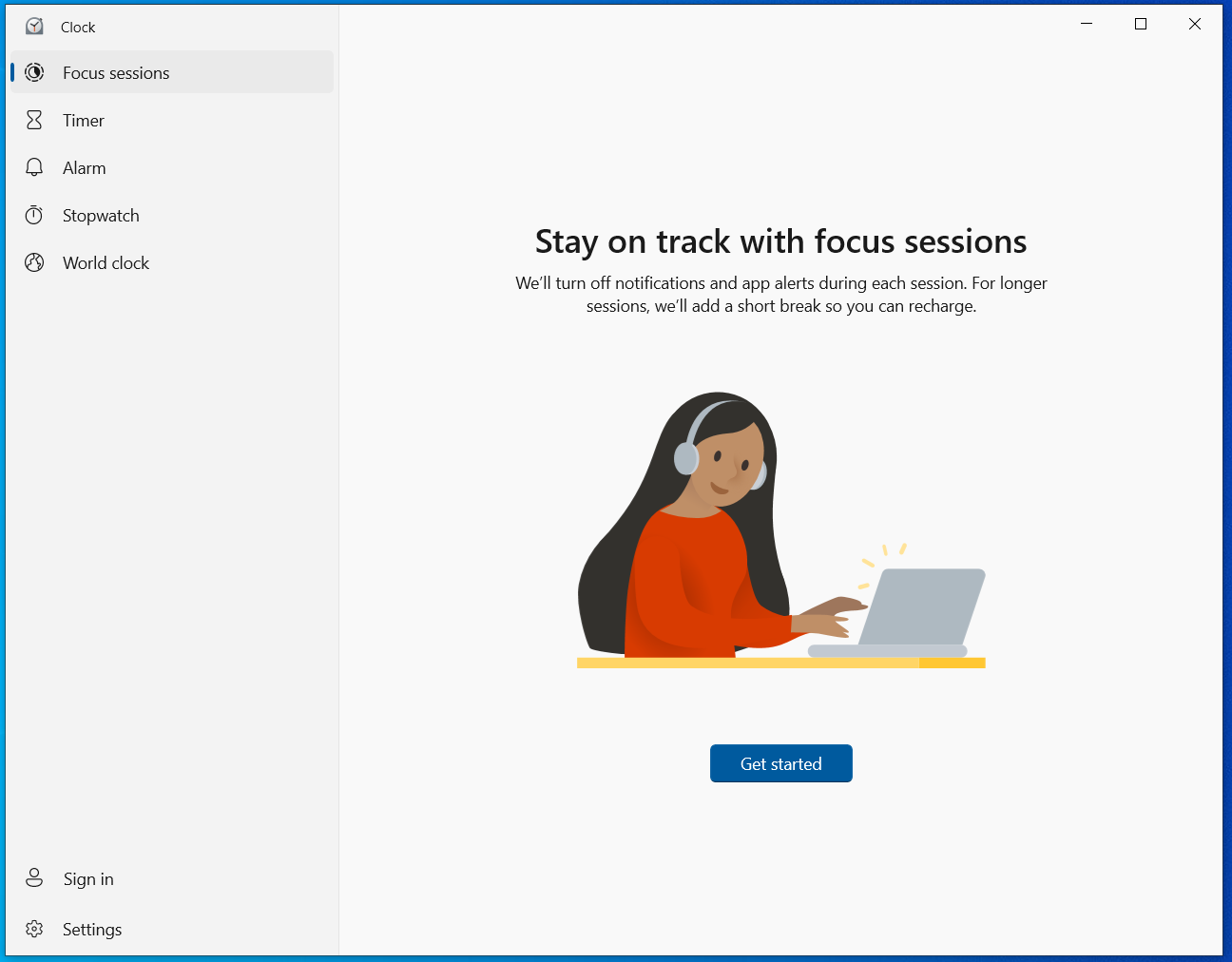 Windows Clock app Focus sessions welcome screen with Get started