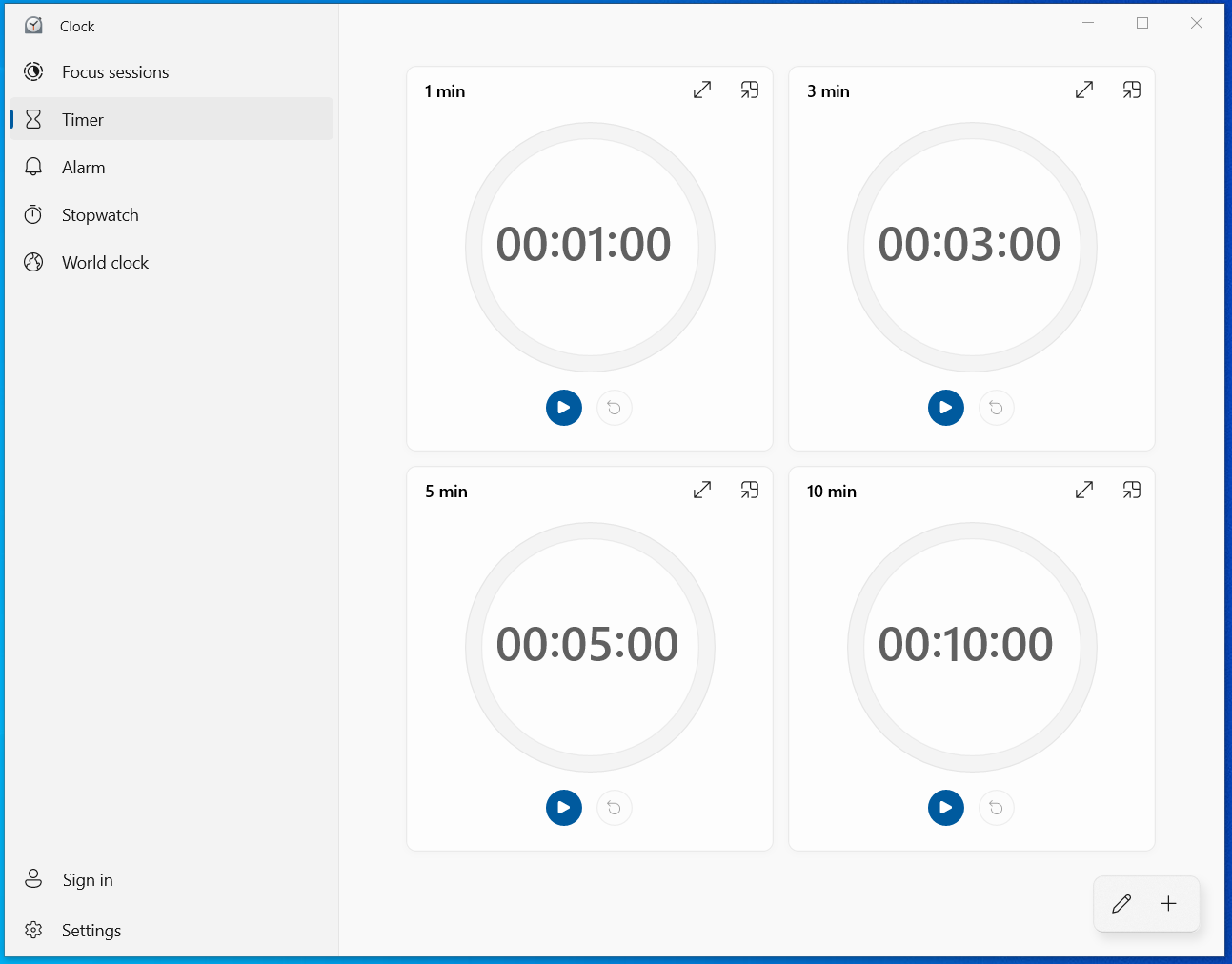 Windows Clock app Timer tab showing preset countdown tiles and Start controls