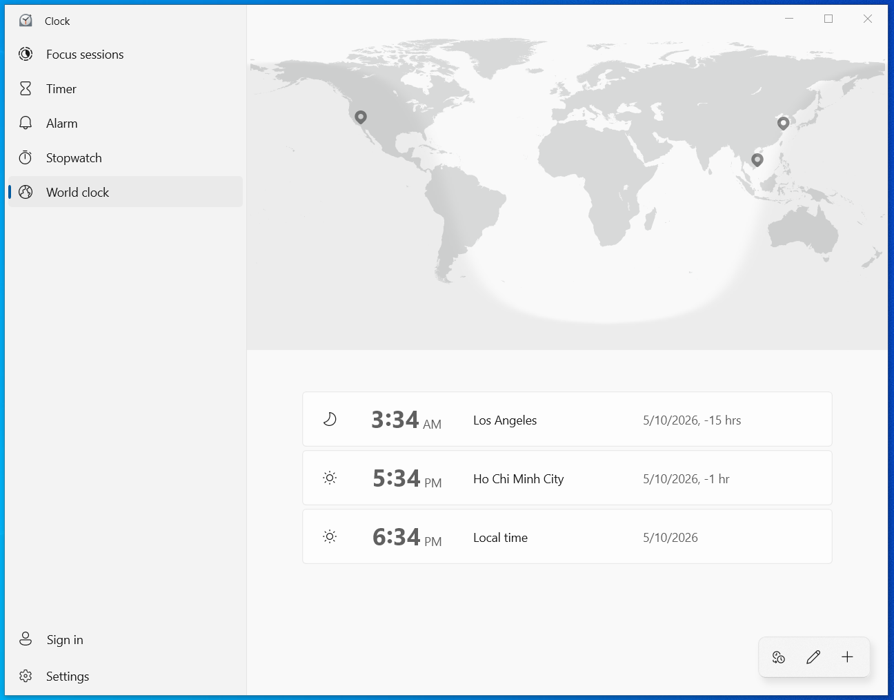 Windows Clock app World clock with map and city time cards
