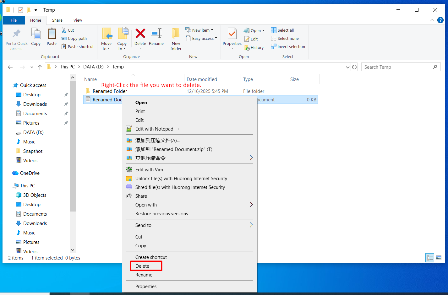 Delete option highlighted in File Explorer menu