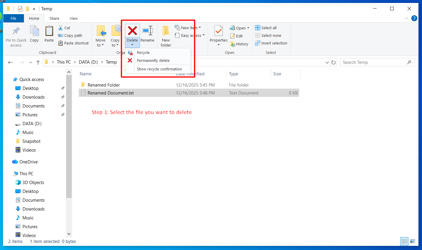 Context menu and keyboard options for deleting files to the Recycle Bin