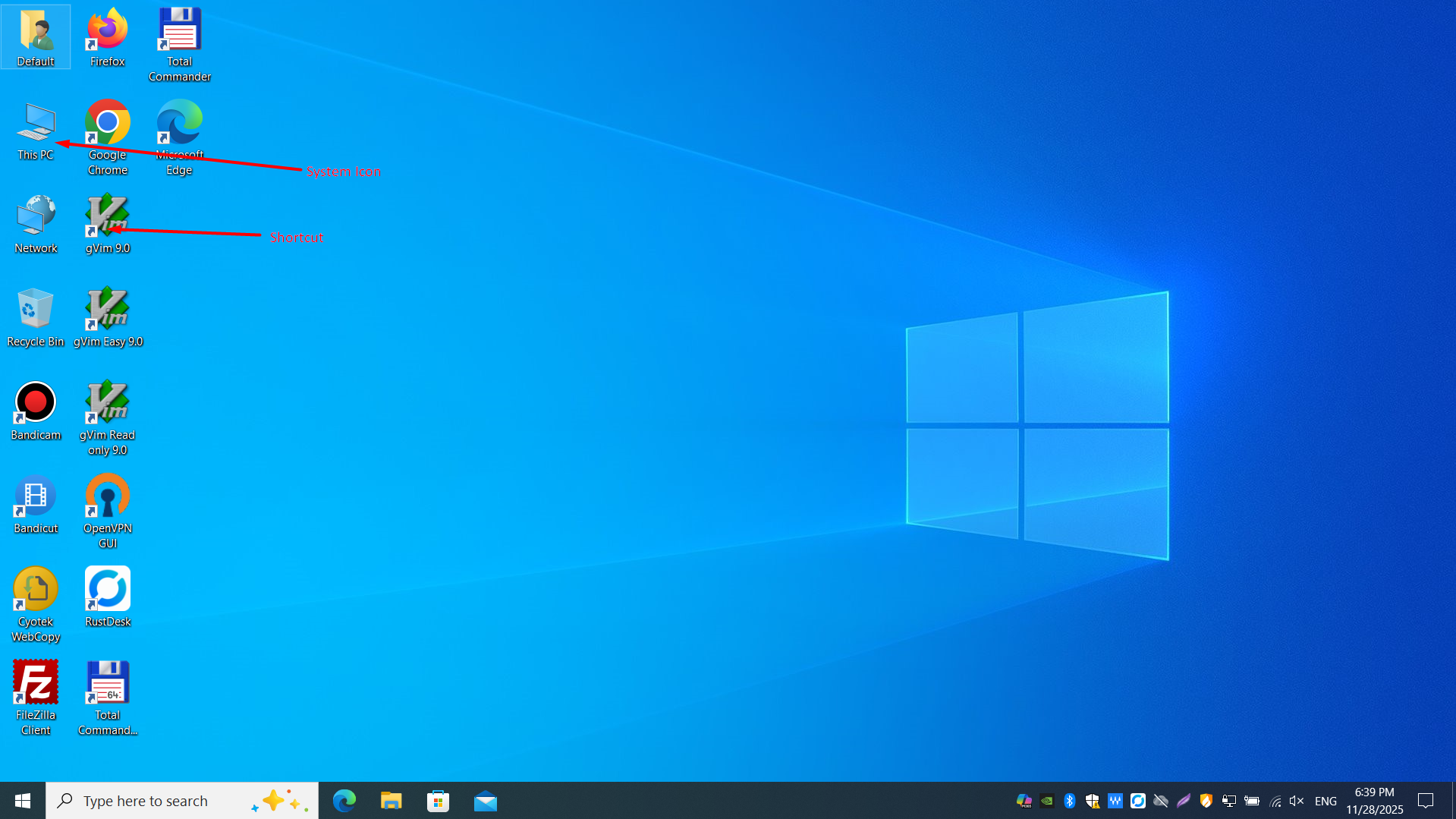 Windows desktop showing common icons for recycle bin, folders, and shortcuts