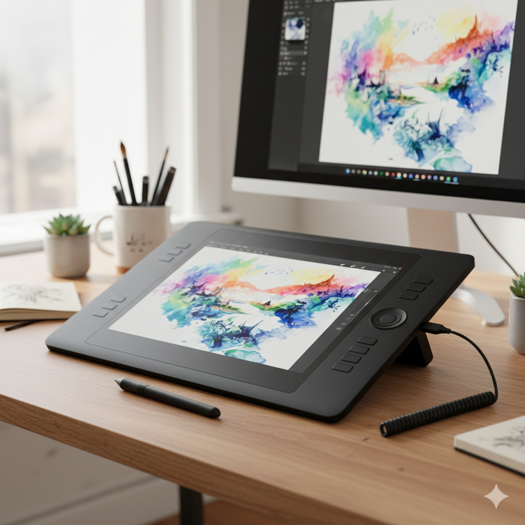 Digital drawing tablet with pressure-sensitive stylus for artists and designers