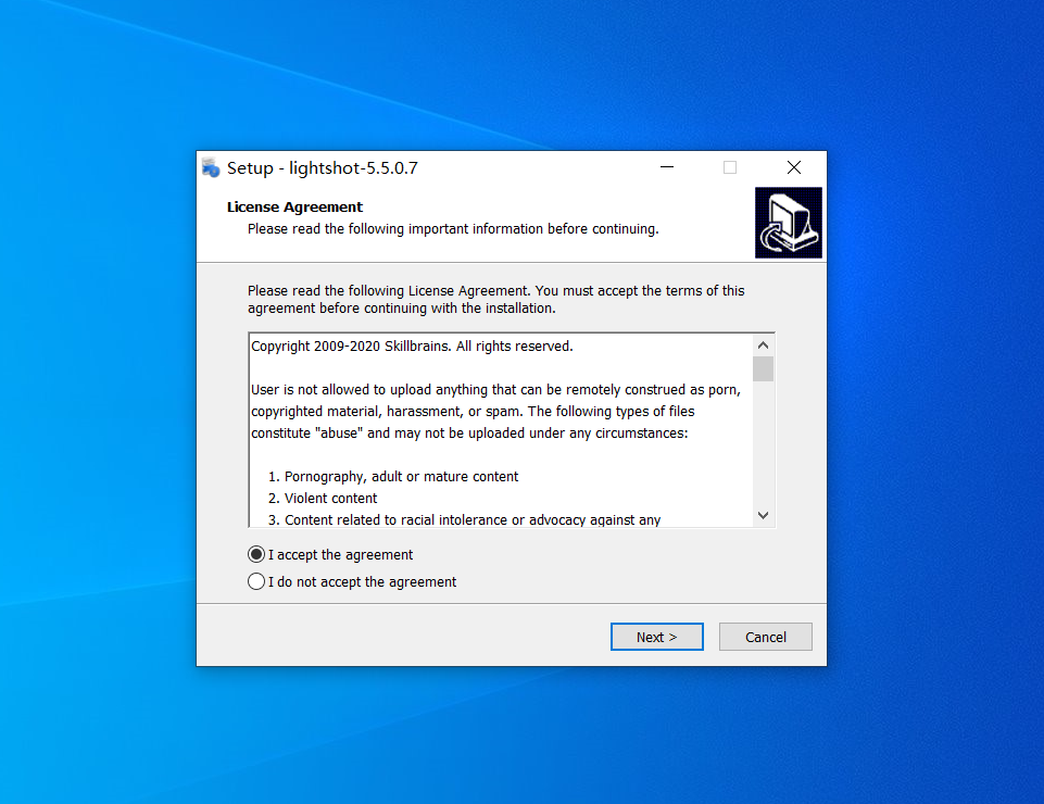 Installer license agreement screen