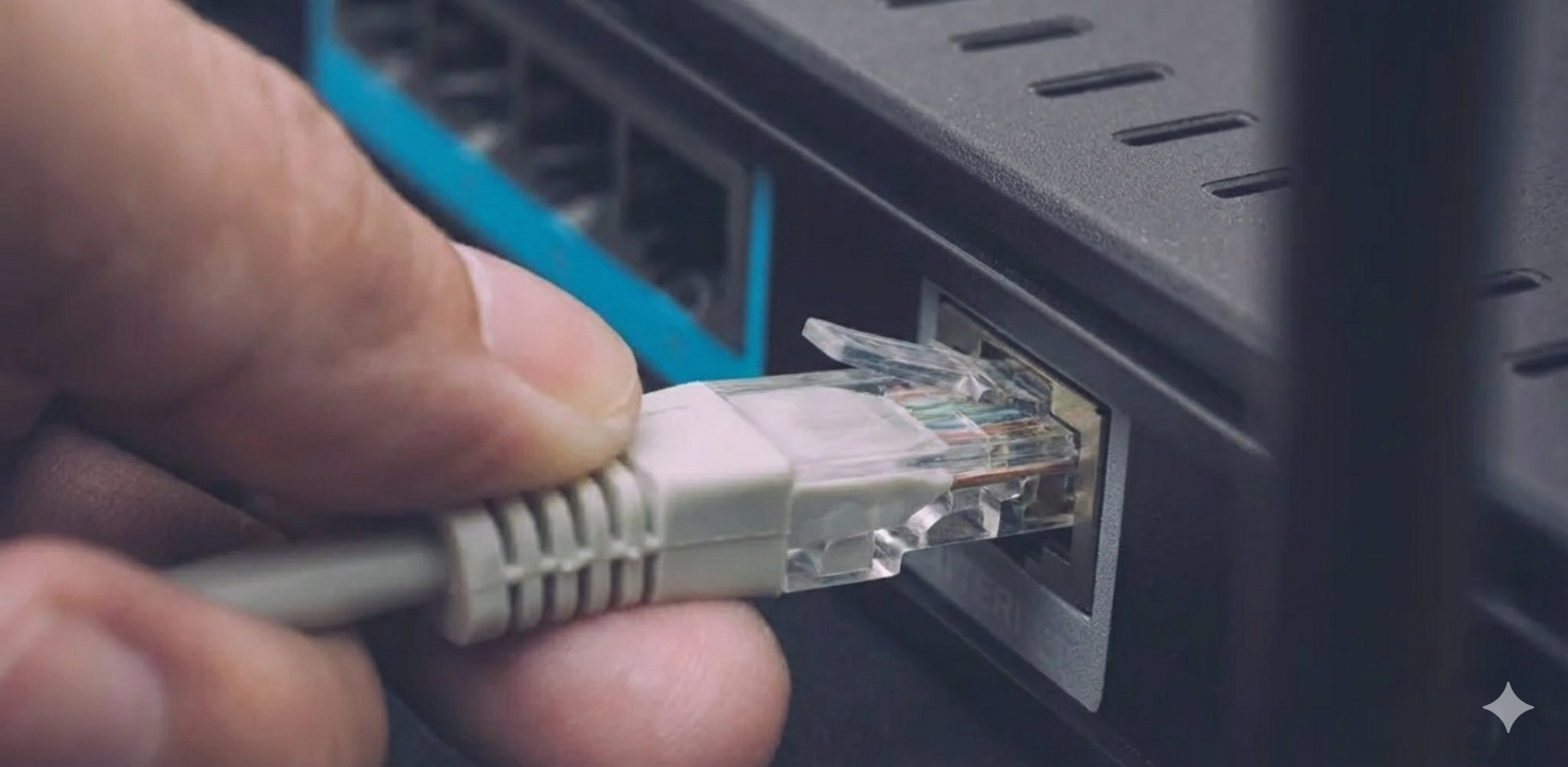 RJ45 Ethernet connector plugged into a network port