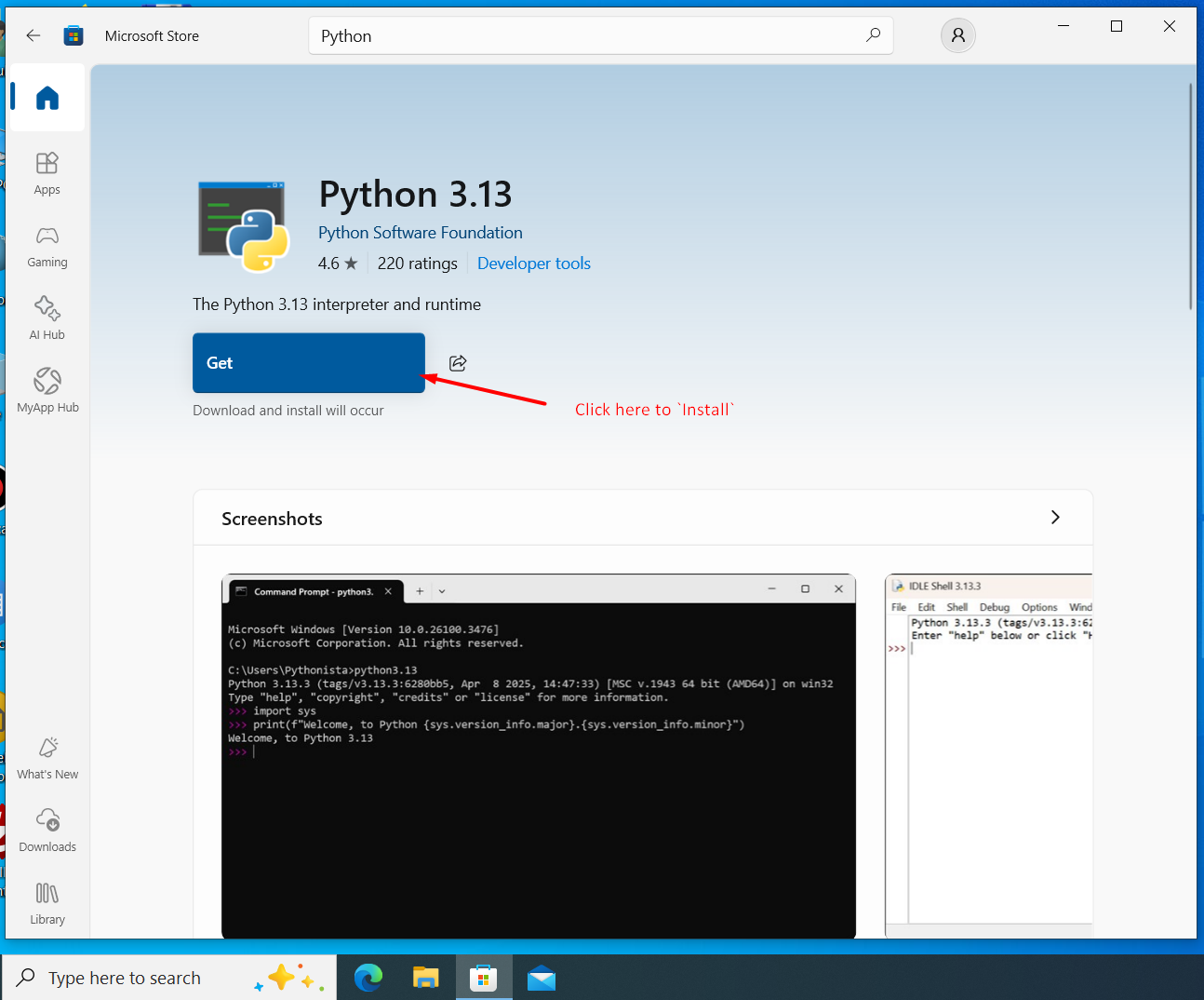 Microsoft Store app installation page with Get or Install button