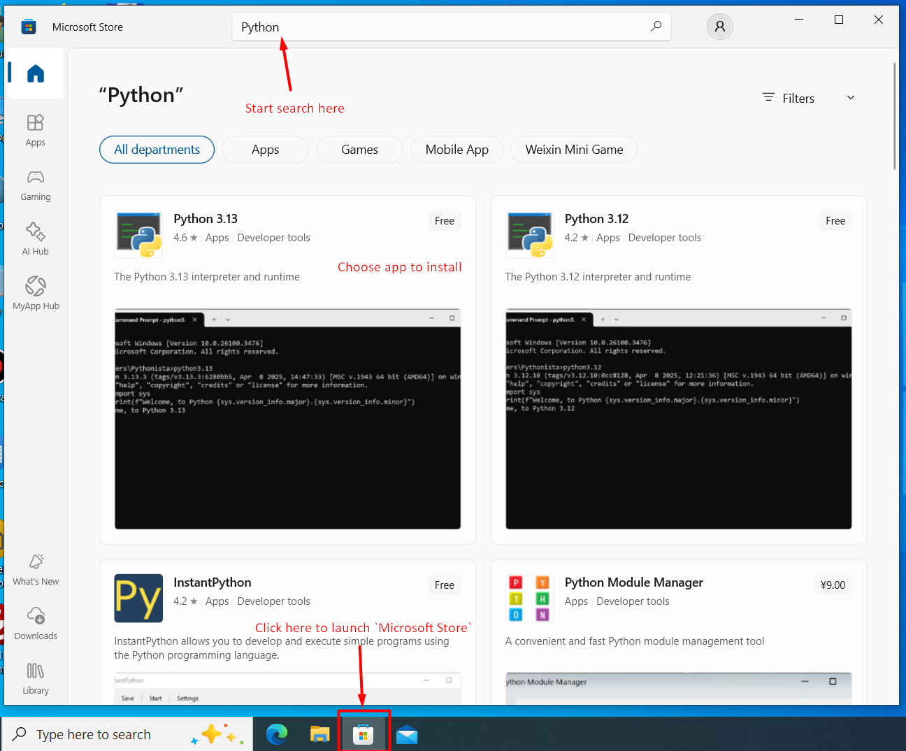 Microsoft Store search interface for finding apps