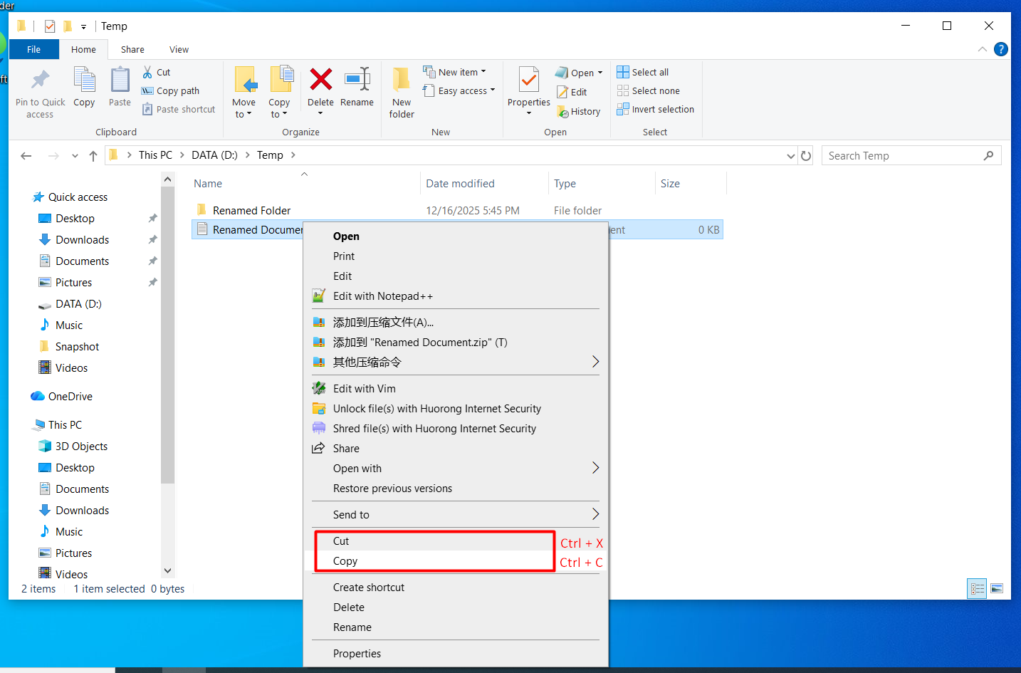 Context menu and keyboard shortcuts for copying or moving files
