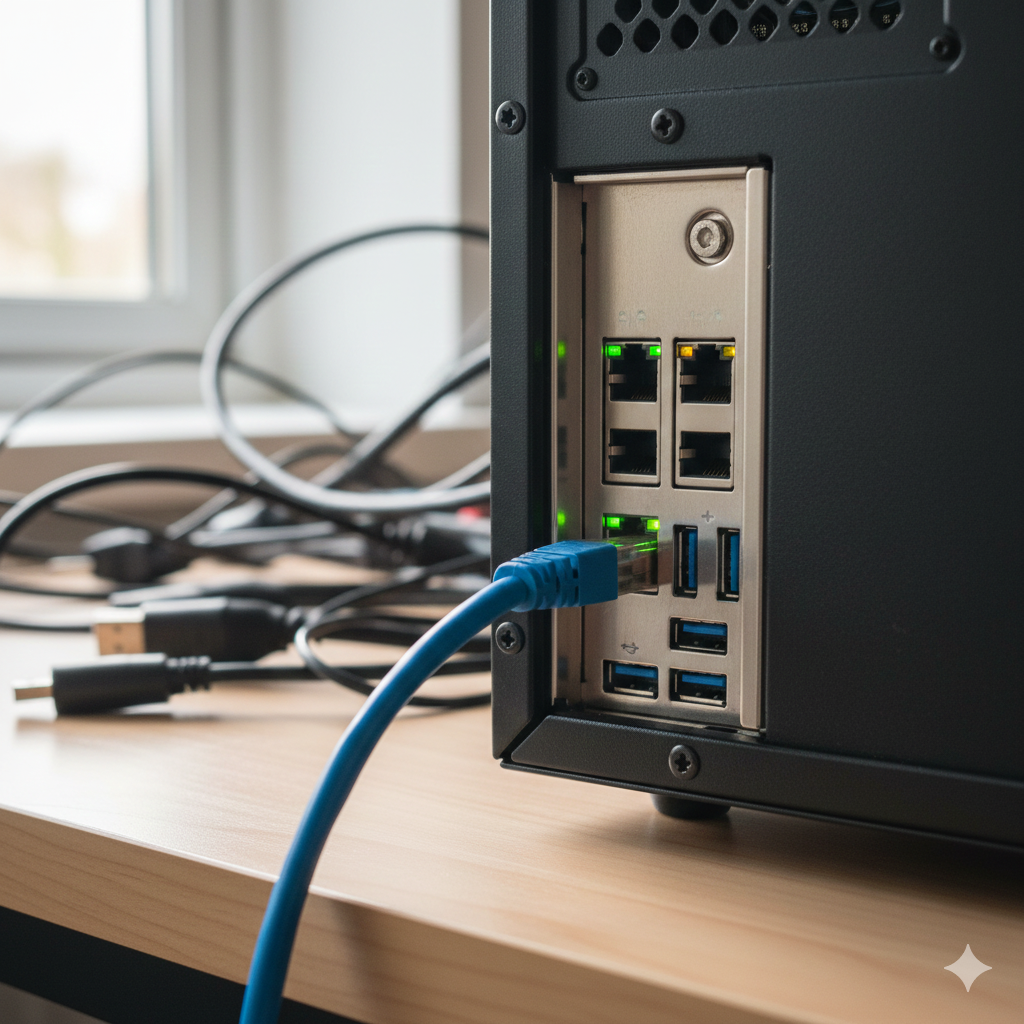 Ethernet cable connected to a desktop network interface card