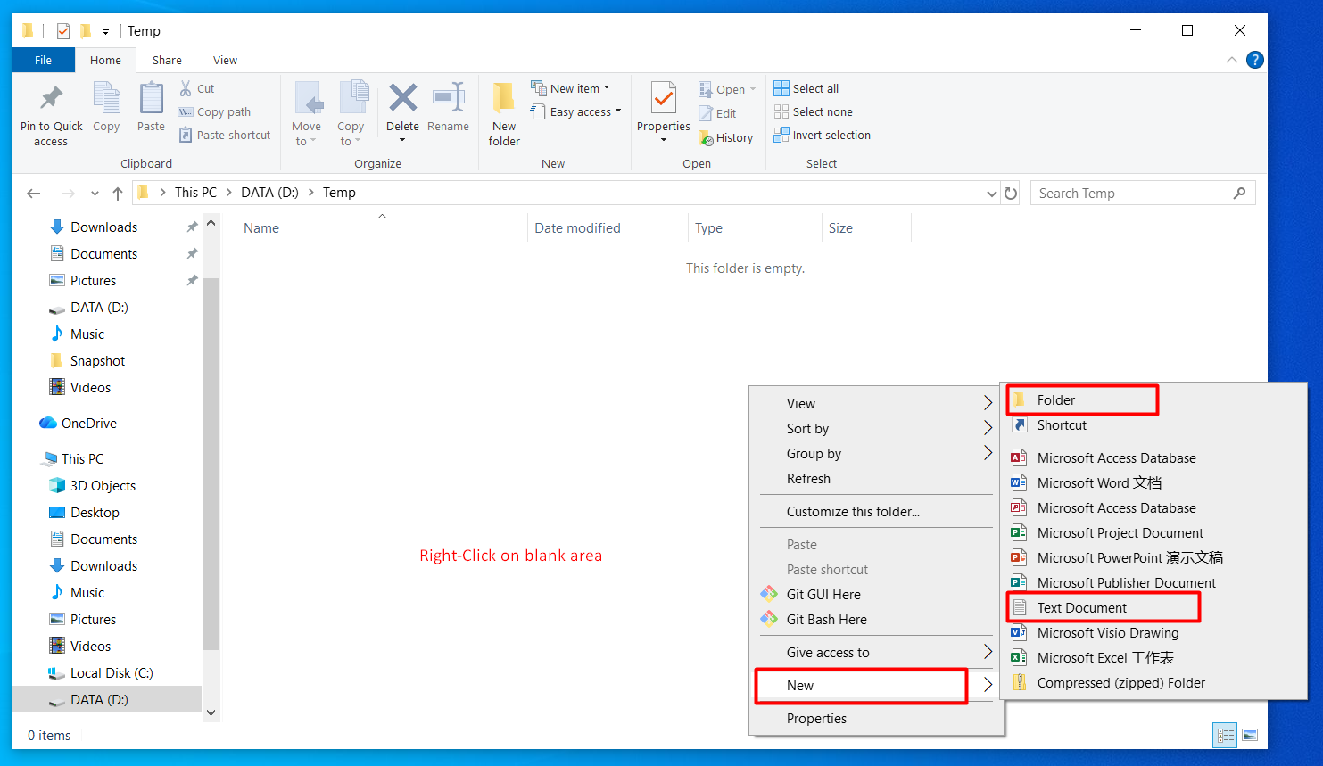 Windows context menu showing New items like Folder and Text Document
