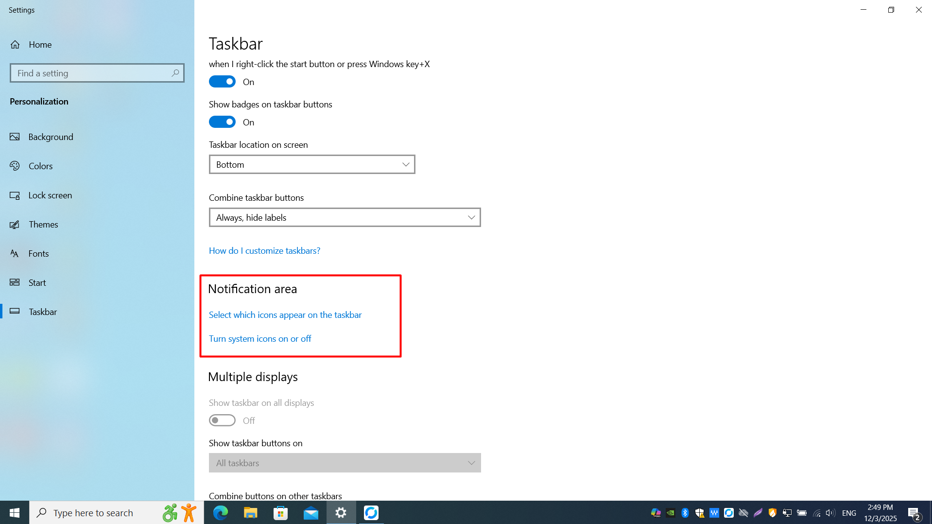 Notification area on the Windows taskbar with expanded overflow icons