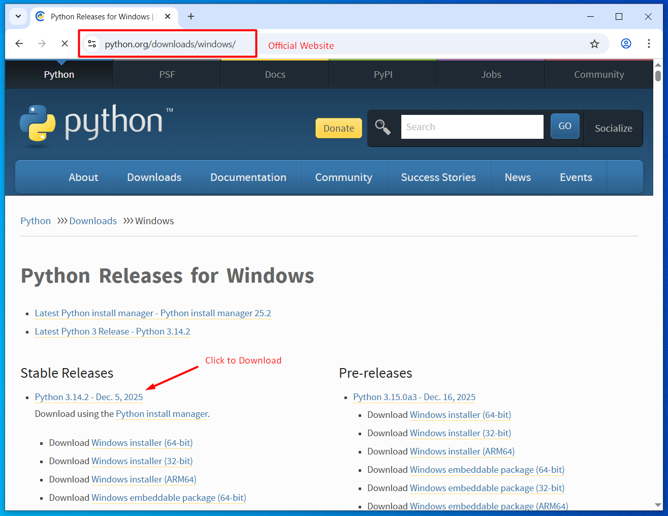 Official website showing software version selection