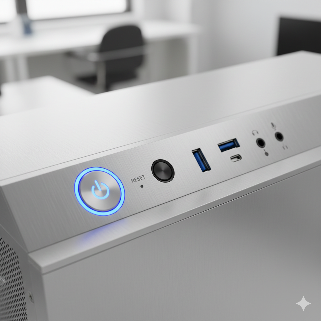 Computer power button with reset switch, USB ports, and audio jacks