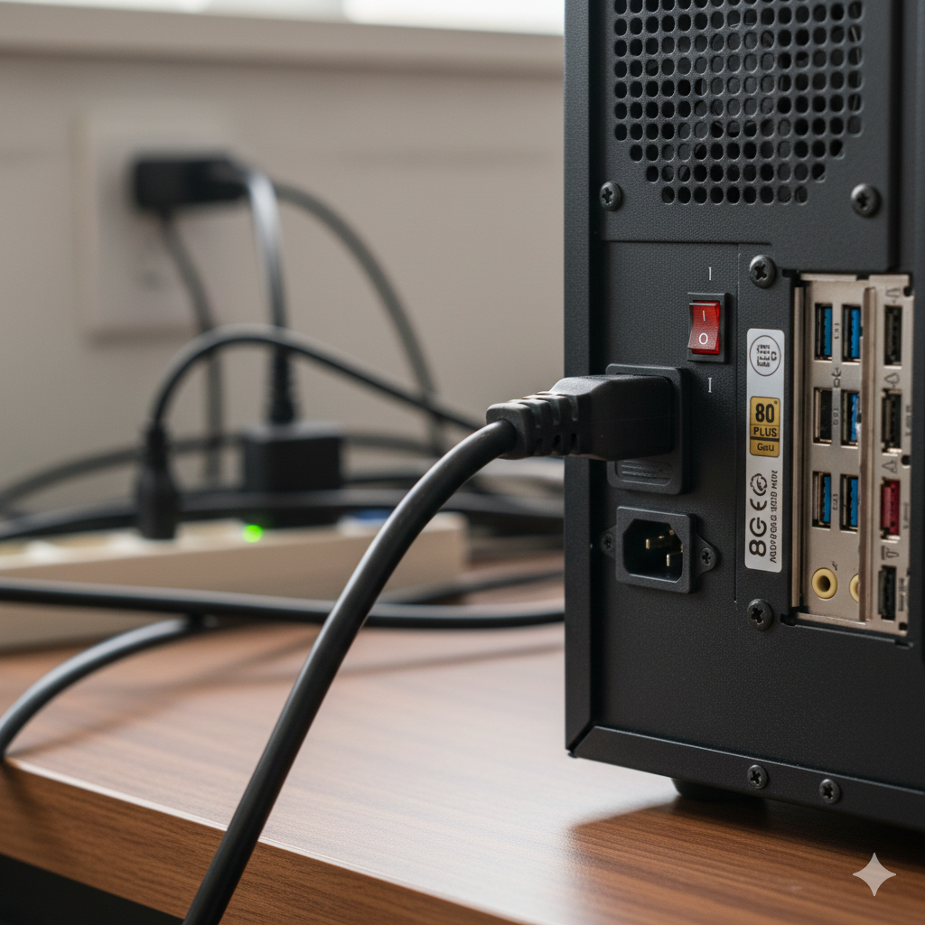 Power cable connected to the power port on the back of a desktop PC