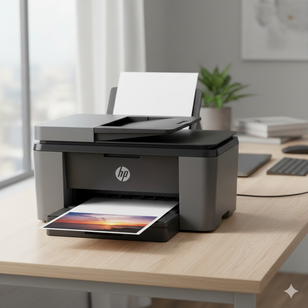 Multifunction printer producing a color document with paper tray and control panel