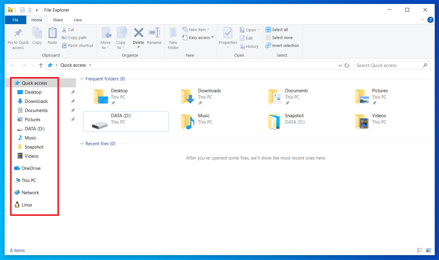 Quick Access and This PC sections in Windows File Explorer