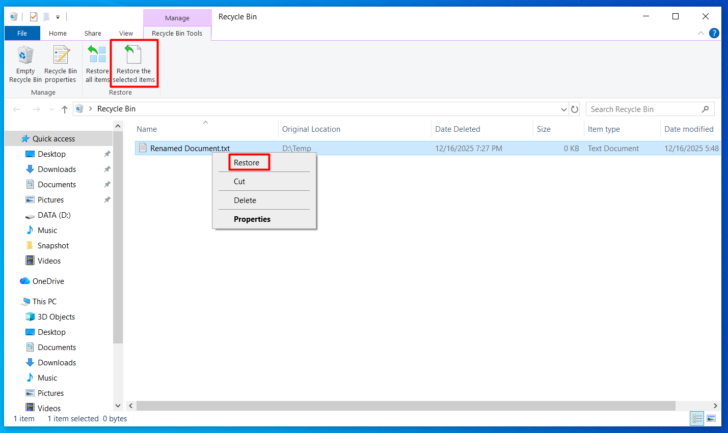 Restore option in the Recycle Bin context menu