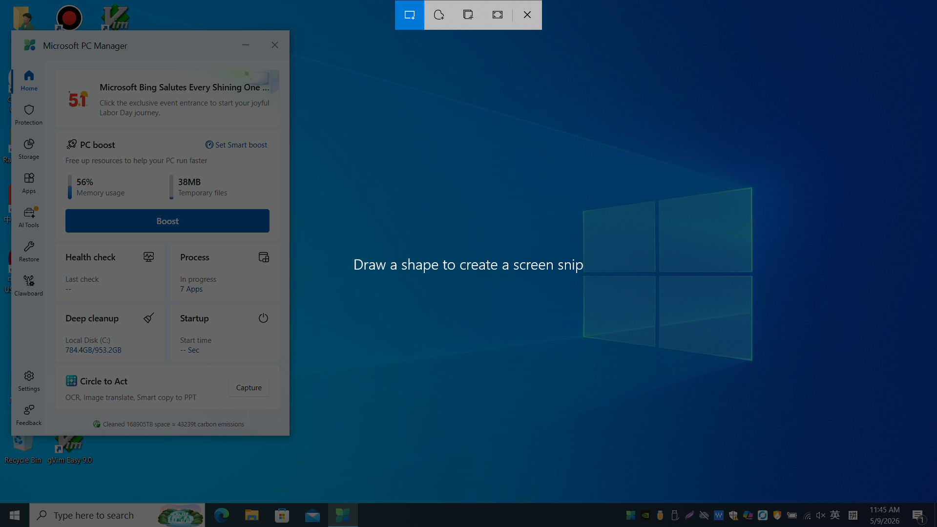 Windows screen snip mode: toolbar with rectangular, free-form, window, and full-screen snip options
