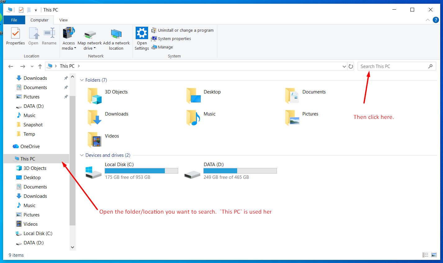 Search box highlighted in the upper-right corner of File Explorer
