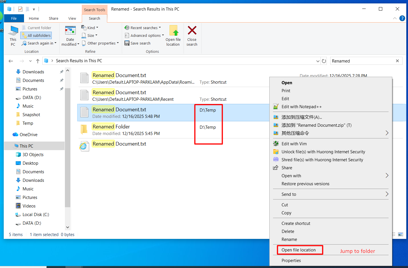 Search results list showing matched files in File Explorer