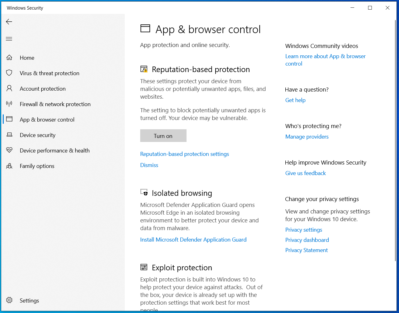Windows Security App and browser control: reputation-based protection warning and Exploit protection summary