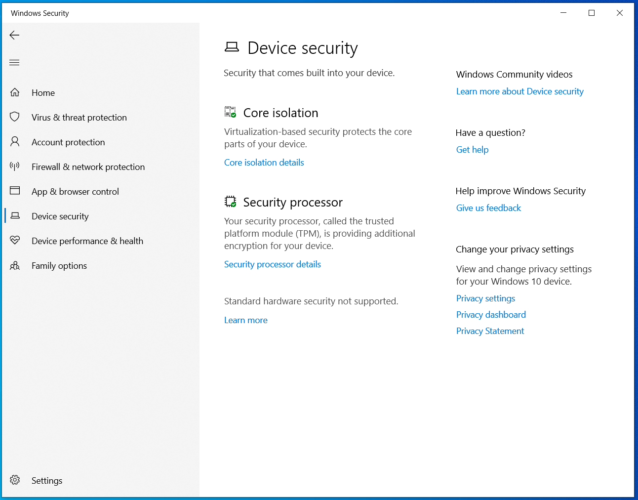 Windows Security Device security: Core isolation and Security processor TPM with details links