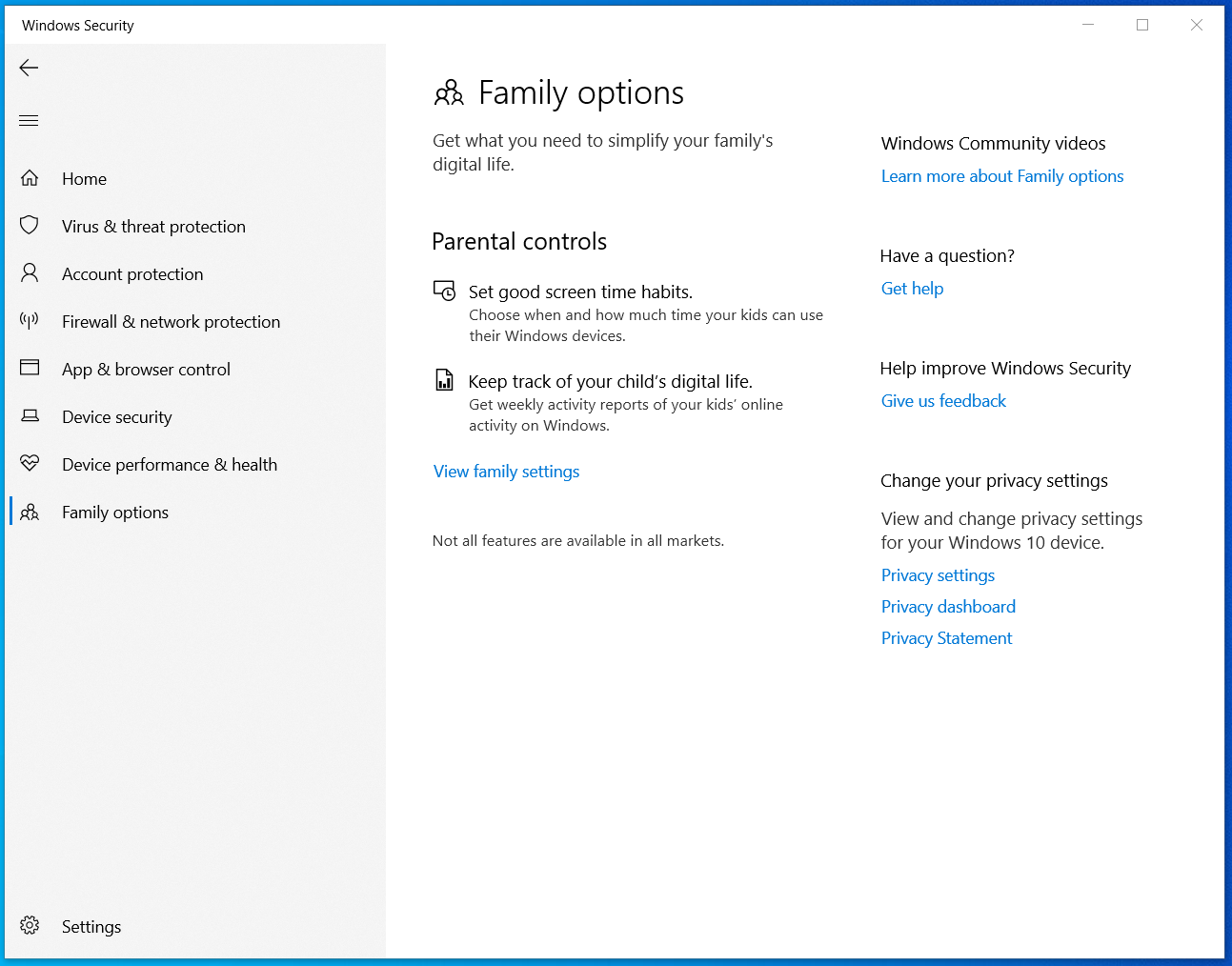 Windows Security Family options: parental controls and View family settings link