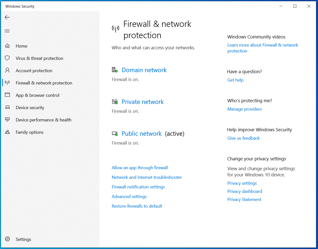 Windows Security Firewall and network protection: Domain, Private, and Public network firewall status with active network highlighted