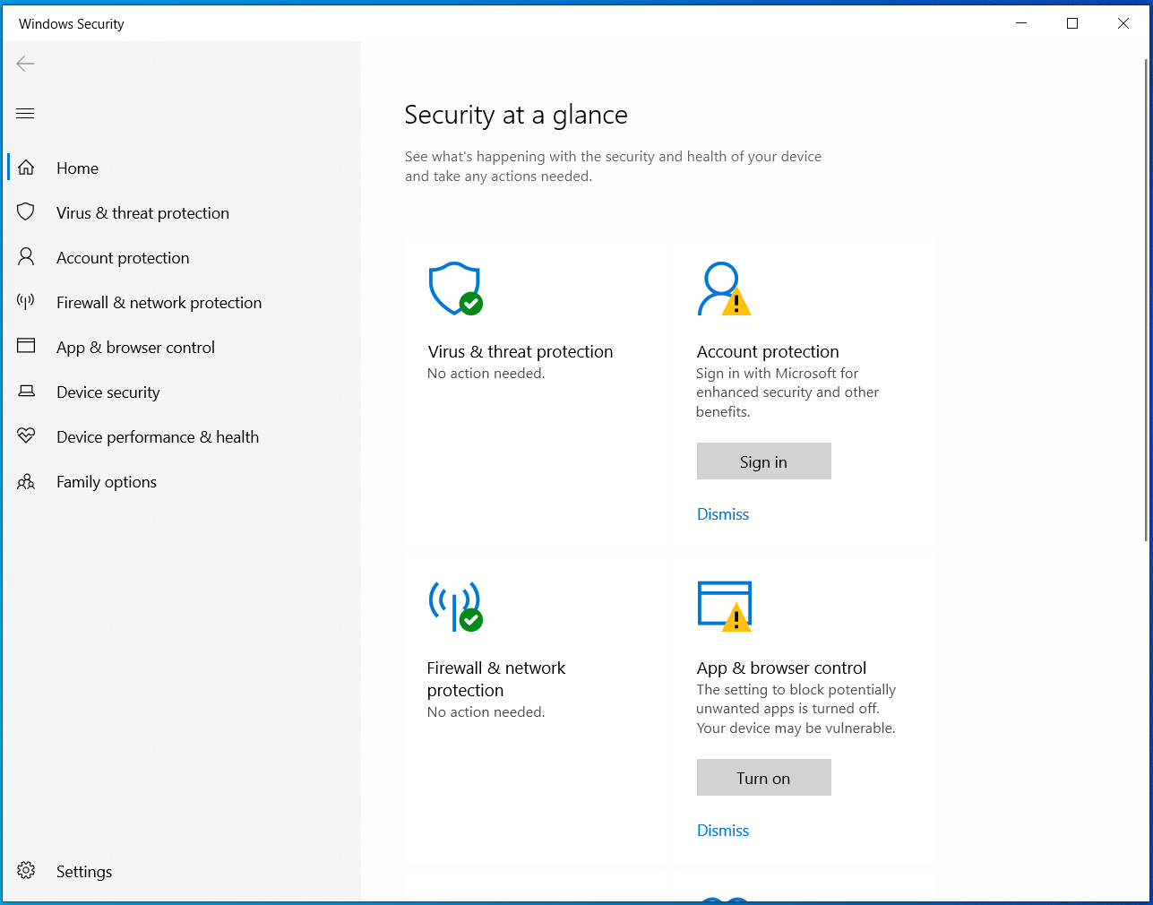 Windows Security Home: Security at a glance with status cards for virus protection, account protection, firewall, and app and browser control