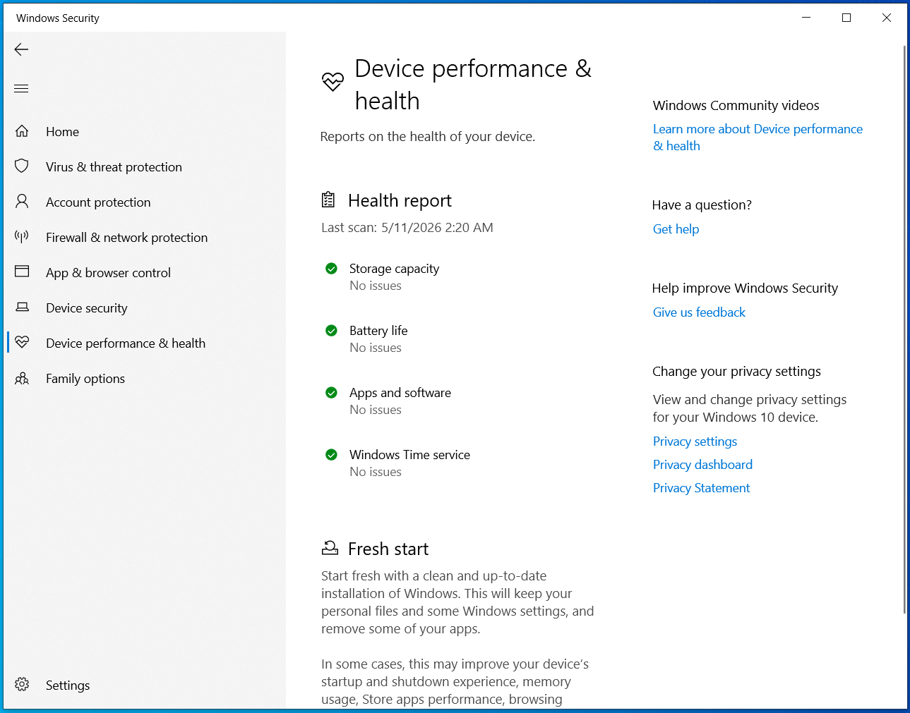 Windows Security Device performance and health: health report with last scan time and Fresh start section