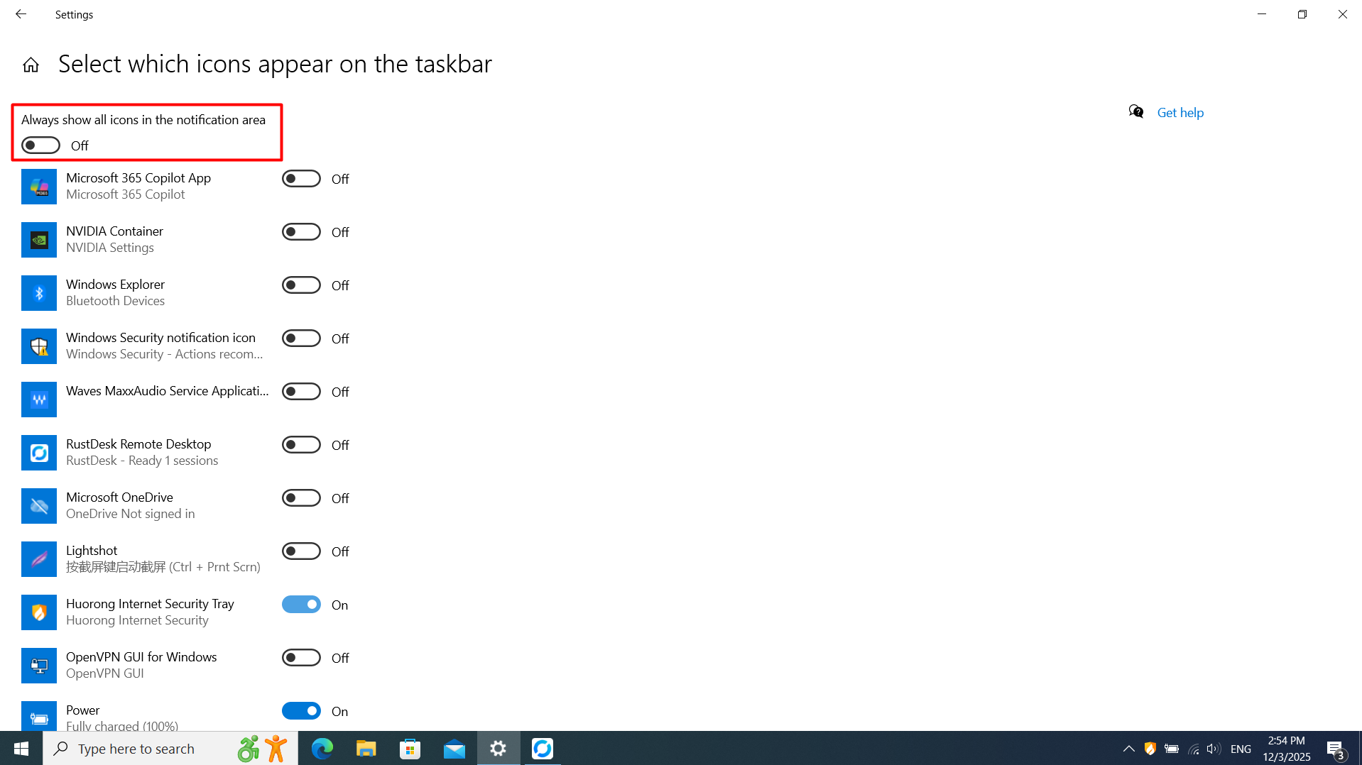 Windows settings page for selecting which icons appear on the taskbar