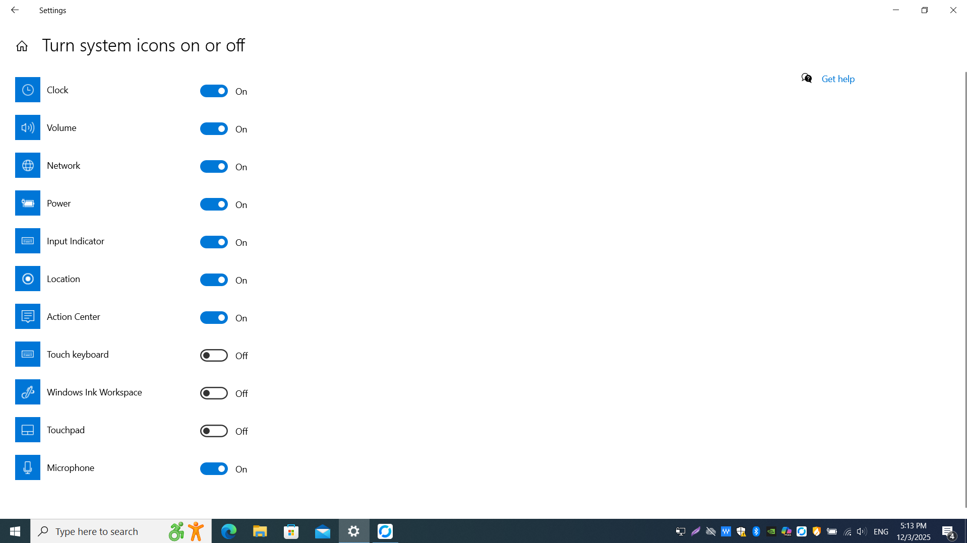 Windows settings page for turning system icons on or off in the notification area