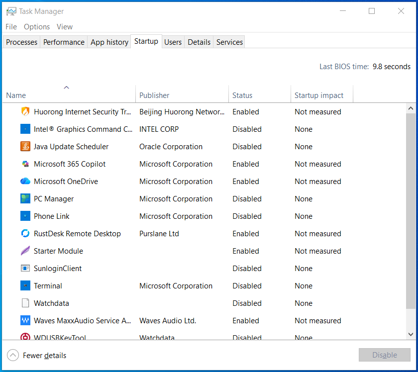 Windows Task Manager Startup tab: program list with Status and Startup impact columns and Disable control
