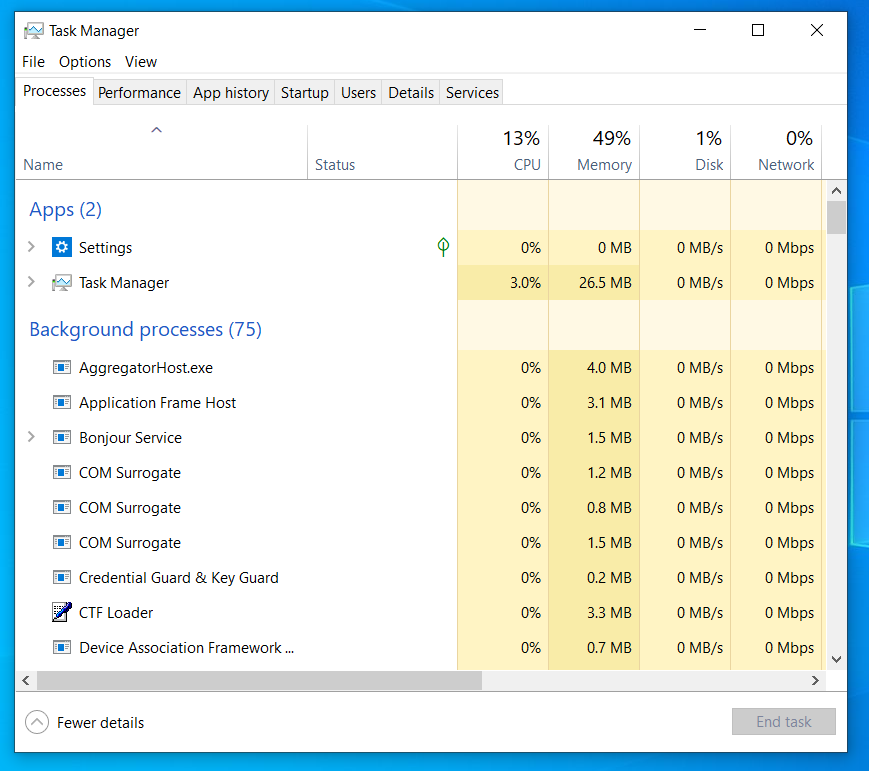 Windows 10 Task Manager window opened with Ctrl + Shift + Esc