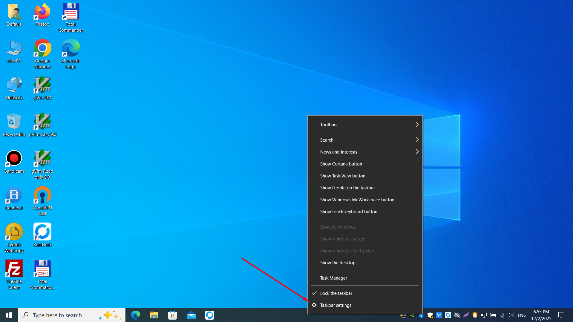 Taskbar context menu opened by right-clicking the taskbar