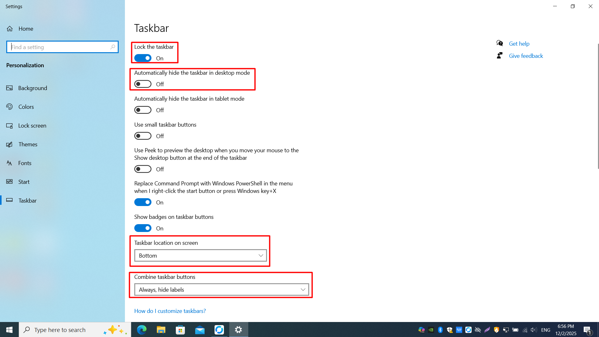 Taskbar settings window showing lock, auto-hide, and combine buttons options