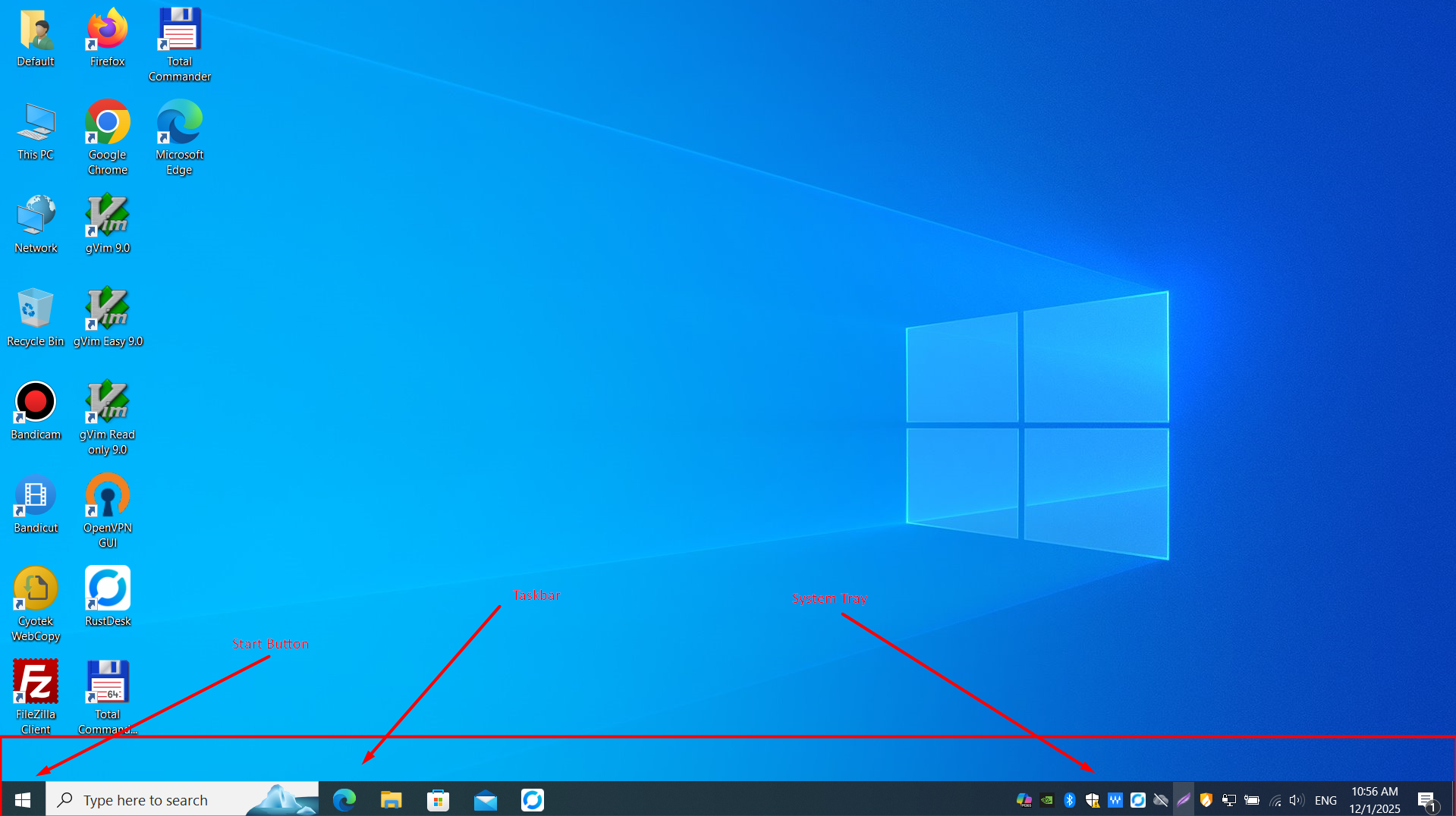 Windows 10 taskbar showing Start button, search bar, pinned applications, and system tray
