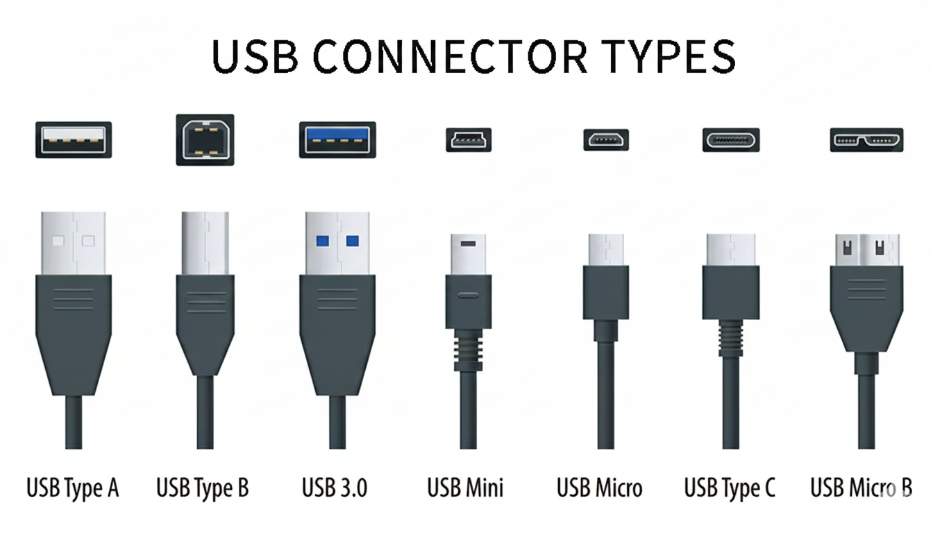 Diagram of common USB connector types (Type A, Type B, USB 3.0, Mini, Micro, Type C)