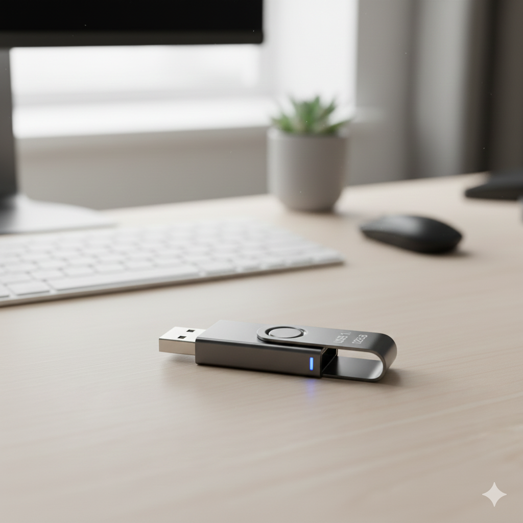USB flash drive plugged into a laptop for portable storage