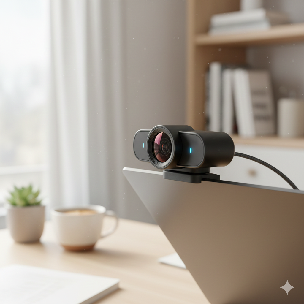 Webcam mounted on laptop for video conferencing and streaming
