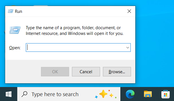 Windows 10 Run dialog opened with Win + R