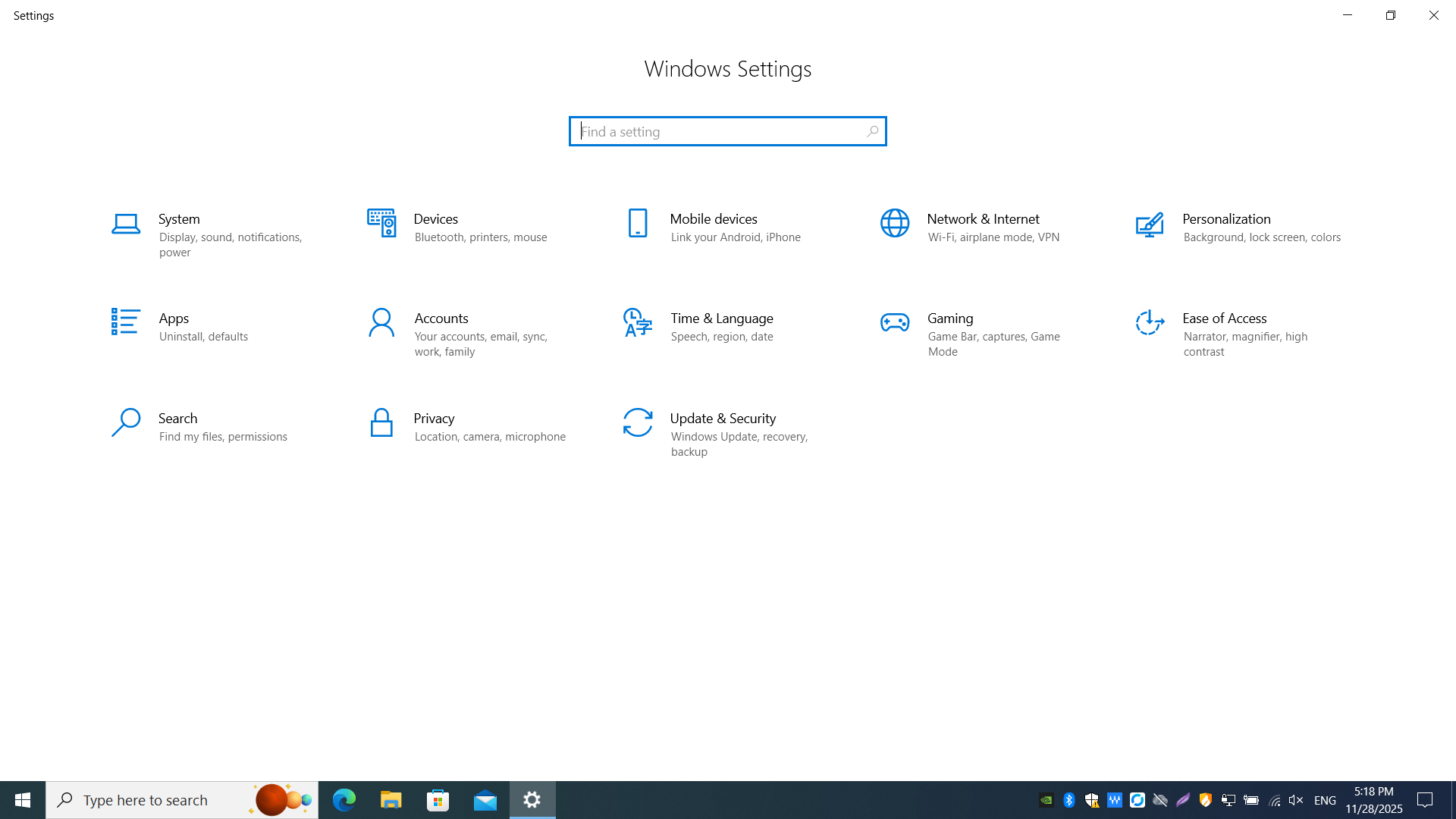 Windows Settings app showing main categories