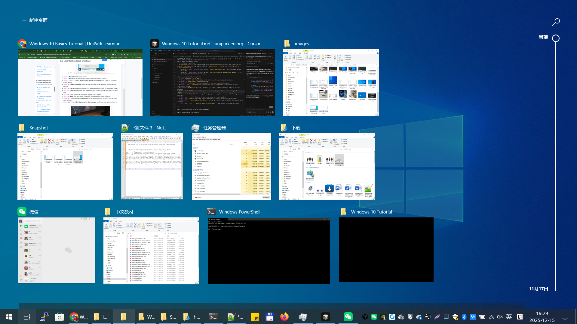 Windows 10 Task View interface opened with Win + Tab