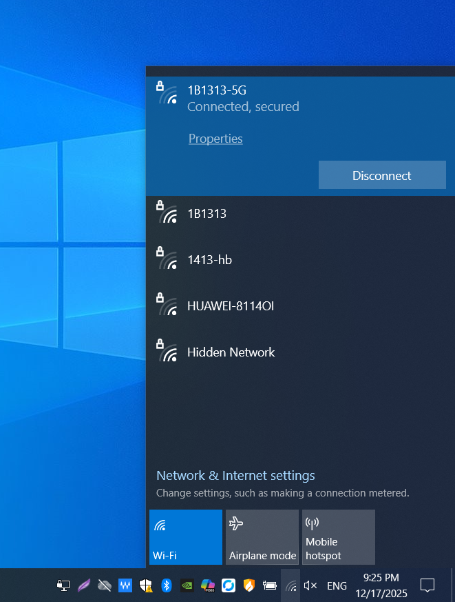 Windows Wi-Fi network list showing available wireless networks